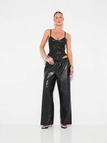 KIZN Pantaloni largi din piele ecologică pentru femei, cu talie și cordon, casual