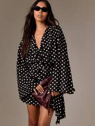 AiiRZ Abito mini asimmetrico a pois, stile avvolgente, maniche lunghe, scollo a V, orlo a volant, per feste serali, cocktail, occasioni speciali, flirtante, per l'autunno e l'inverno, abito di