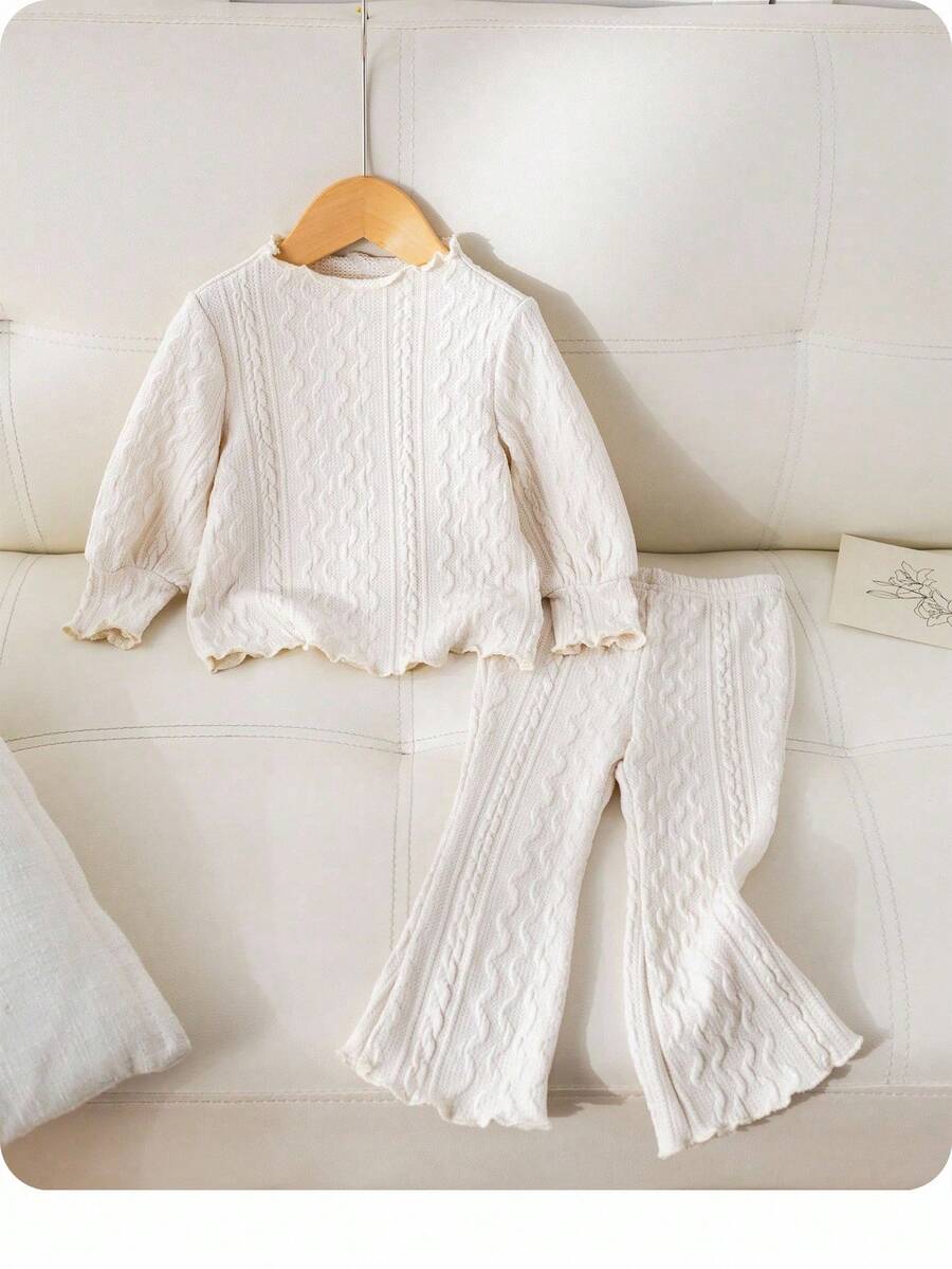 SHEIN Baby Girl Apricot Ruffled Hem Long Sleeve Top And Elastic Waist Flare Pants 2 Pieces Outfit, Autumn/Winter - White - View 1