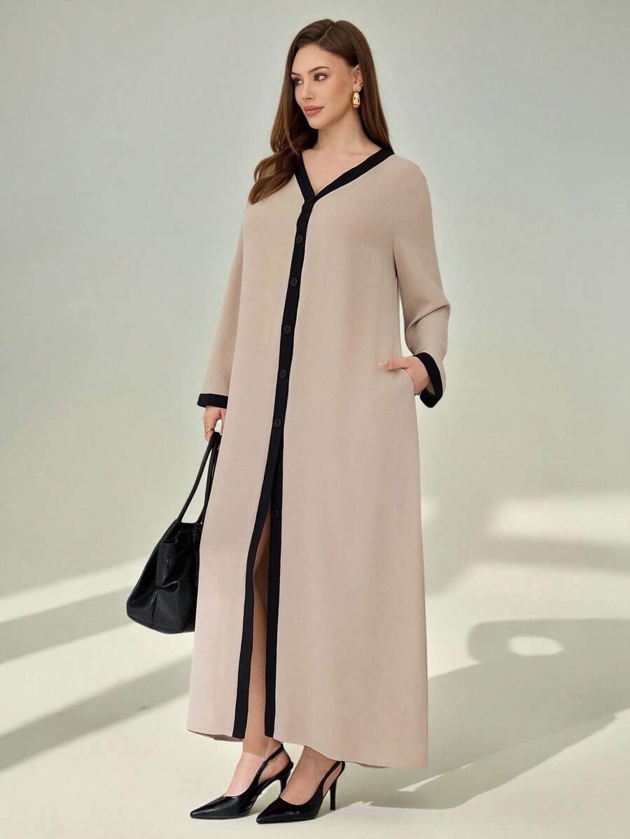 Auralis Vestido de señora talla grande, vestido con textura de color, vestido de manga larga, vestido largo de señora, vestido con 2 bolsillos, vestido de otoño para señora, vestido de otoño talla grande, vestido color caqui, vestido color albaricoque