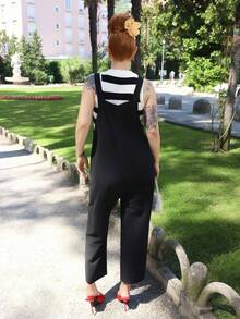 Gretanique 夏季口袋純色休閒度假連身褲 - 黑色 - 查看 5