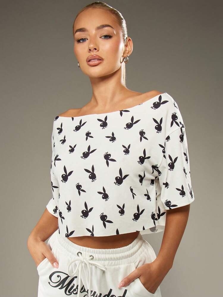 Missguided x Playboy Off Shoulder AOP Bunny Print Short Sleeve Cropped Top