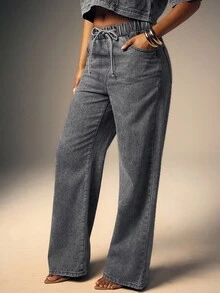 Denimoi 女式浅色抽绳腰直筒牛仔裤 - 灰色 - 查看 4