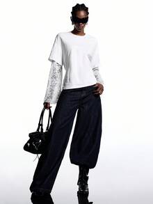 LYSMO 2025 New Arrival Minimalist Fall-Winter Women's Loose Fit Round Neck Drop Shoulder Contrast Lace T-Shirt, Fresh And Elegant, French Romantic, Graceful Temperament, Casual And Versatile, Youthful, Delicately Feminine, Perfect For Daily Commuting Lace Jersey Lace Shirts Sleeve Top Bell Sleeves Underscrub Long Sleeve,White Shirt,White Top - White - View 6