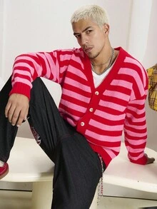 Manfinity CasualKnits Men's Casual Colorblock Striped Cardigan, Autumn/Winter