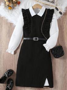 圣诞节、万圣节、黑色连衣裙、黑色连衣裙、冬装、儿童冬装、秋装、万圣节、万圣节服装、圣诞服装、女童长袖衬衫裙两件套 - 黑與白 - 查看 2