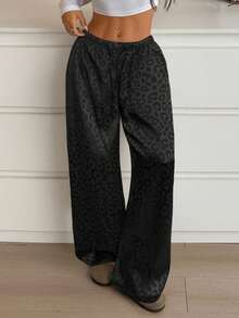 SHEIN EZwear 大码女式抽绳腰宽松黑色豹纹阔腿裤 - 黑色 - 查看 6