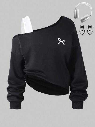 Sparklyn Tween Girls Bow Print Asymmetric Off-Shoulder Asymmetrical Hem Casual Sweatshirt Fall Winter