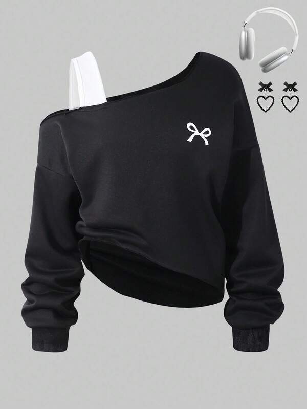 Sparklyn Tween Girls Bow Print Asymmetric Off-Shoulder Asymmetrical Hem Casual Sweatshirt Fall Winter