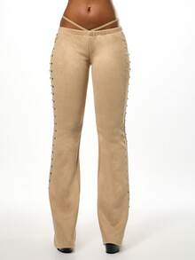 SUMWON WOMEN 万圣节喇叭形铆钉高腰绒面革女式长裤喇叭裤阔腿阔腿裤金属铆钉 - 駝色 - 查看 3