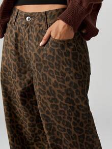 MISSGUIDED Pantalones palazzo vaqueros de tiro alto de pierna ancha con estampado de leopardo de algodón para mujeres, estilo casual, bohemio y urbano - Marrón - Ver 7