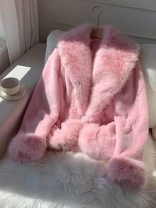 Comfortcana Women's Fashionable & Elegant Faux Fur Coat, Autumn/Winter,Fall - Baby Pink - View 4