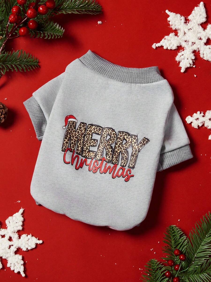 PETSIN 1 Buah Selimut Natal untuk Hewan Peliharaan Kucing dan Anjing, Motif Natal Leopard Universal, Huruf Inggris Tercetak, Bahan Bulu Abu-abu Hangat dan Nyaman untuk Anjing Natal. - Grey - View 1