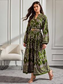 EURMUSE Tall Size Over All Print Button Detailed Long Dress - Multicolor - View 3