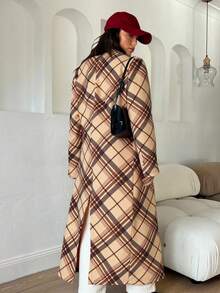 EURMUSE Multicolor Plaid Printed Long H-Line Woolen Coat - Multicolor - View 2