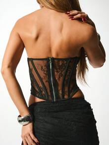 KIZN Sheer Lace Corset Top Strapless Bandeau Bustier Gothic Evening Party Crop Top - Black - View 5