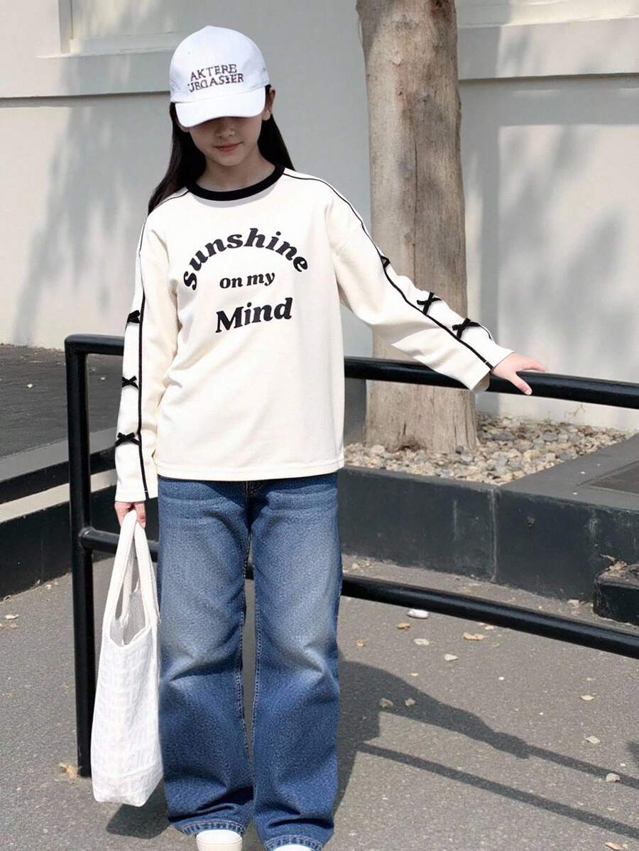 Genkimix Kids 2pcs/Set Tween Girls Autumn New Outfit, Collared Color Block Sleeve Bowknot English Print Loose Casual Pullover Top And Straight Leg Pants, Retro Chic Versatile Outfit For Commuting And Leisure Fall Winter - Multicolor - View 1