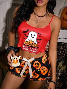 SHEIN Halloween Women Ghost Slogan Print Camisole And Shorts Pajama Set - Multicolor - View 3