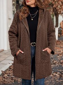 SHEIN Clasi 大码女式纹理长袖拉链连帽休闲夹克，秋冬 - 棕色 - 查看 9