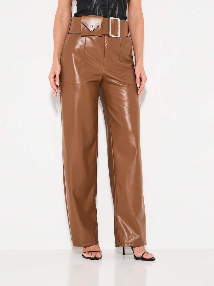 KIZN High Waisted Wide Leg Faux Leather Trousers