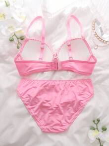 DelicateAllure Cute Women's Plaid Bow Decor Lingerie Set - Pink - View 2