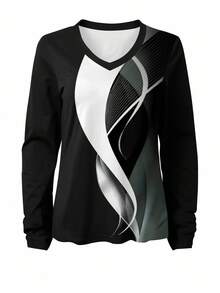 SHEIN Plus Size Women Striped V-Neck Long Sleeve Casual Versatile T-Shirt - Multicolor - View 3