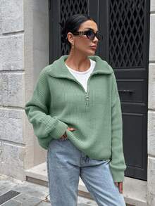 SHEIN Woman Zipper Collar Loose Fit Comfy Warm Sweater - Mint Green - View 4