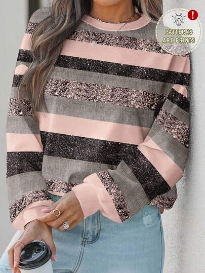 EMERY ROSE Sudadera informal con estampado de rayas de brillo rosa talla grande, adecuada para fiestas en otoño/invierno