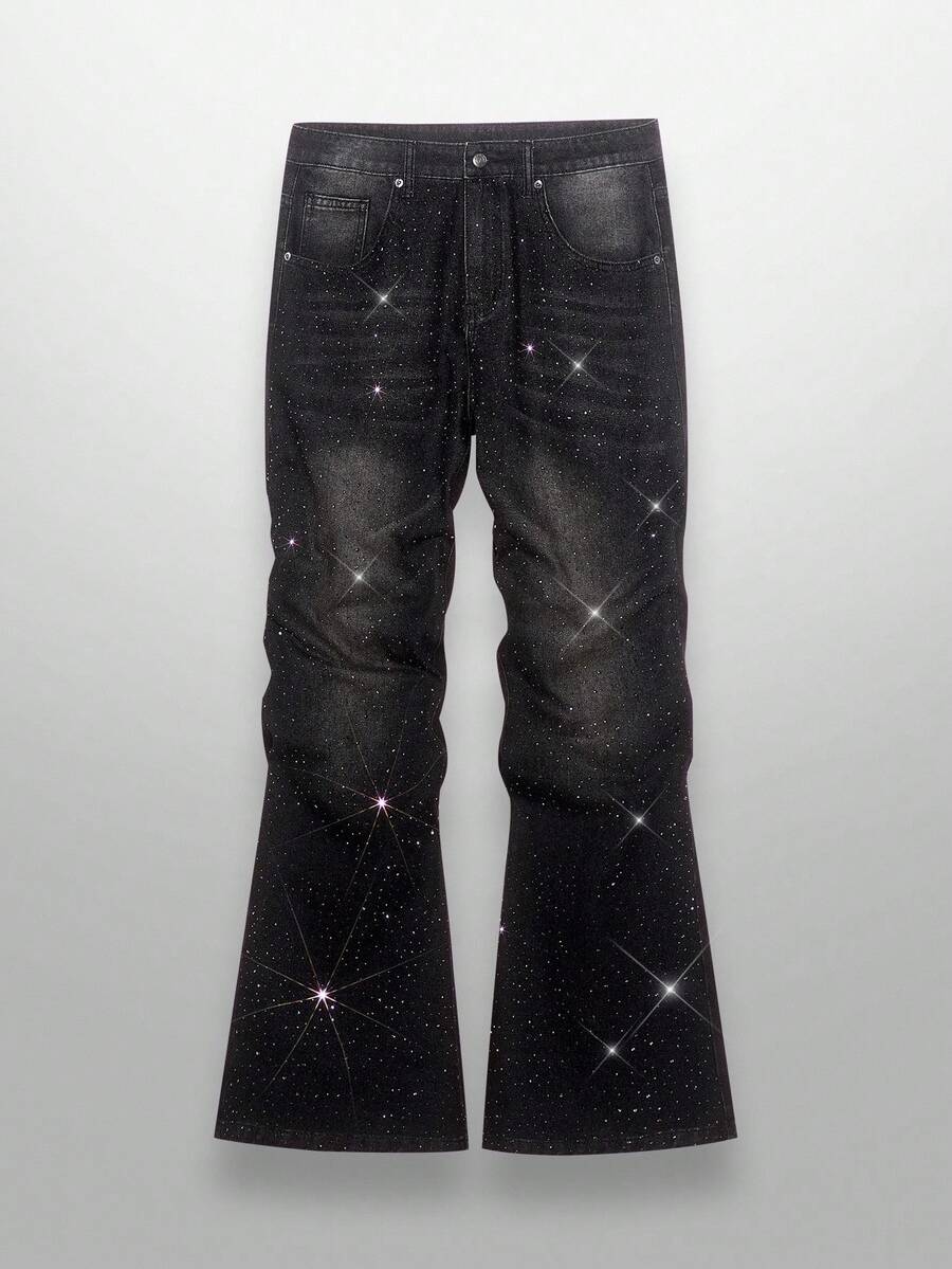 NEON BLANC 男士黑色水钻装饰时尚牛仔裤，垃圾摇滚 - 黑色 - 查看 1