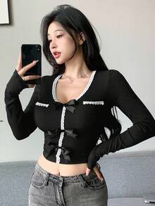 DAZY 秋季新款蝴蝶结装饰修身女式T恤长袖上衣 - 黑色 - 查看 6