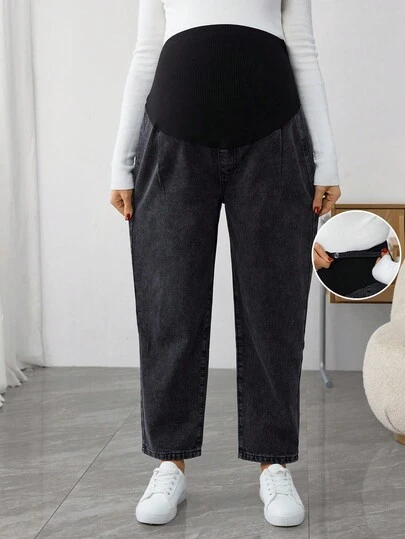 SHEIN 孕妇纯色休闲牛仔裤