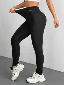 DAZY 高腰保暖内衬修身户外紧身裤，秋季打底裤 - 黑色 - 查看 1