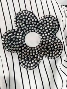 INAWLY Áo sơ mi tay dài họa tiết sọc và hoa đính đá cỡ lớn cho nữ - Nhiều màu - Xem 3