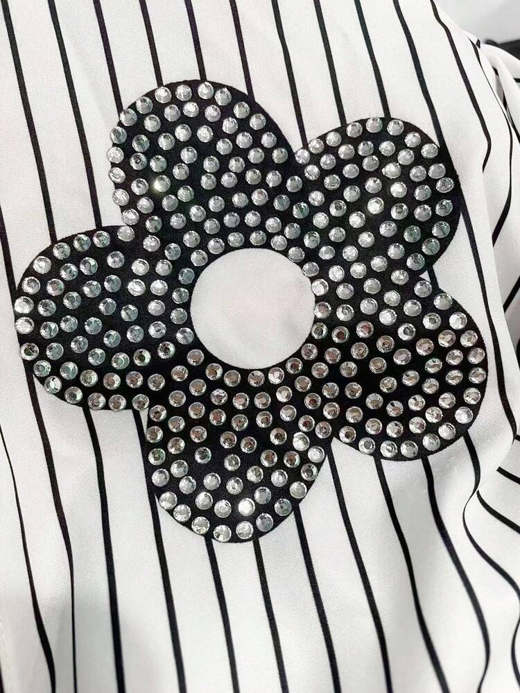 INAWLY 大码女式水钻花朵和条纹图案长袖单排扣衬衫 - 彩色 - 查看 3