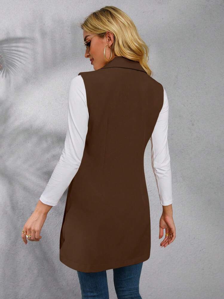 EMERY ROSE 女式纯色斑驳翻领前开襟无袖休闲西装外套 - 棕色 - 查看 2