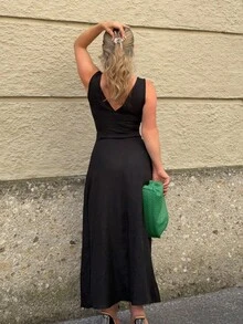 Jeta Ari Summer New Waist Drawstring Slim Fit A-Line Long Dress For Women - Black - View 2