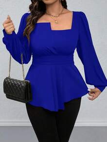 SHEIN LUNE Plus Size Square Collar Solid Color Ruffled Hem Casual Long Sleeve Shirt, For Christmas Peplum Top - Royal Blue - View 7