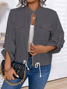 Plus Size Women Solid Color Casual Fashion Short Drawstring Hem Jacket - Grey - View 1