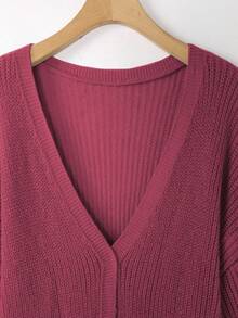 EMERY ROSE Plus Size Women Loose Casual Drop Shoulder Lantern Sleeve Knitted Cardigan, Black Jacquard Pattern, Mid-Length, Versatile Daily Wear - Red Violet - View 5