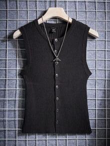 Manfinity Roghcode Men's Plain Single-Breasted Sleeveless Knit Tank Top, Summer, For Fall Winter - Black - View 5