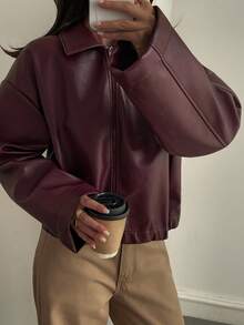 Livesso Women's Loose Casual Faux Leather Jacket, Autumn/Winter Women Coats - Burgundy - View 5