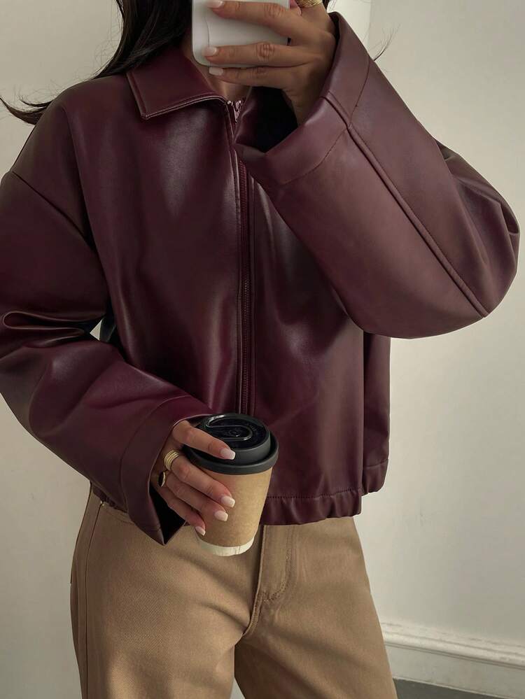 Women's Loose Casual Faux Leather Jacket, Autumn/Winter Women Coats - Burgundy - View 5