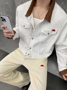 ESTAVOR Men's Autumn Contrast Color Lapel Long Sleeve Single-Breasted Casual Denim Jacket - Beige - View 4