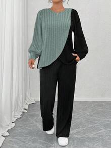 EMERY ROSE 加大码圆领长袖柔软针织罗纹拼色不对称拼接上衣和柔软针织罗纹直筒裤休闲家居服两件套 - 彩色 - 查看 3