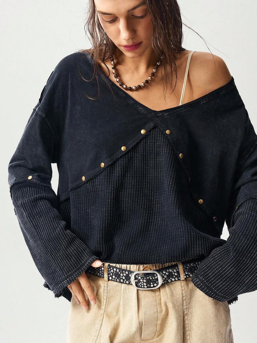 Bohemela Autumn Boho Music Festival Halloween Casual Solid Color V-Neck Long Sleeve Loose Washed Women T-Shirt,Black Tops - Black - View 1