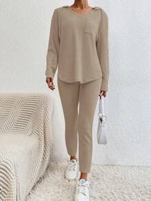 SHEIN Cottnline Cotton Ribbed Knit Drawstring Hooded Tee & Leggings - Mocha Brown - View 3