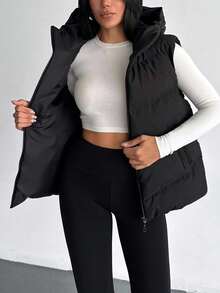 EURMUSE Women Zipper And Hooded Detailed Padded Winter Vest - Black - View 6