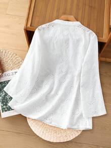 Rusticease Women's V-Neck Long Sleeve Embroidered Hollow Pocket Design Loose Casual Shirt White White Blouse Winter Clothes For Women Thanksgiving Outfit For Women,White Top