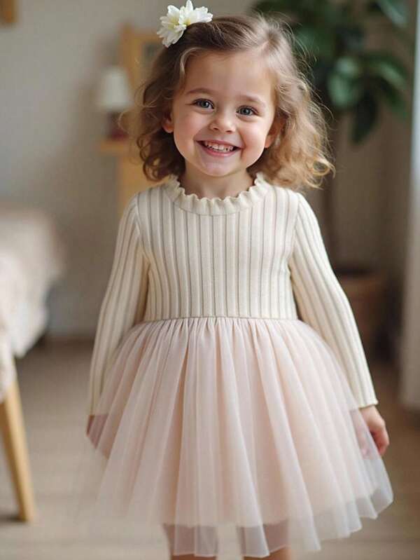 LMoss Kids LMoss Kids Baby Mädchen Einfarbig Strick Lässiges Kleid mit Kragen Beige Tüll Babykleid Baby Mädchen Beige Kleid Langarm Babykleid Kleinkind Beige Kleid Baby Mädchen Tüllkleid