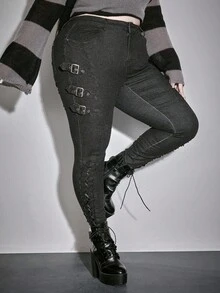 ROMWE Goth 大码垃圾朋克街头时尚复古破洞侧系带牛仔裤，秋冬女式下装大码牛仔裤 - 黑色 - 查看 6